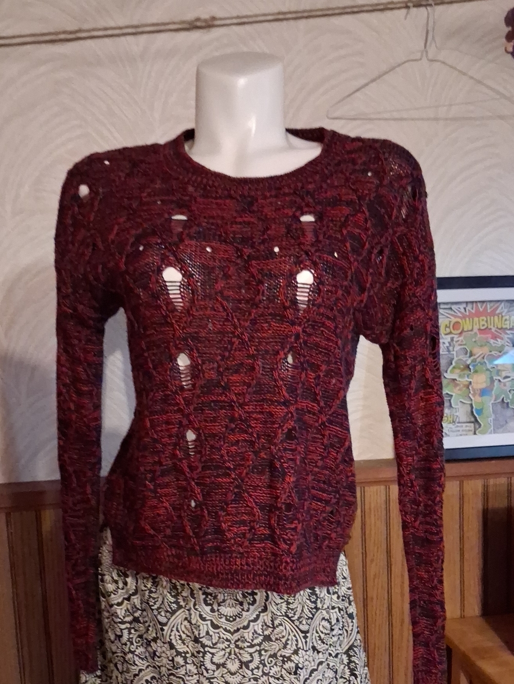 Forever 21 Marled Open-Knit Crew Sweater in Burgundy And Blue